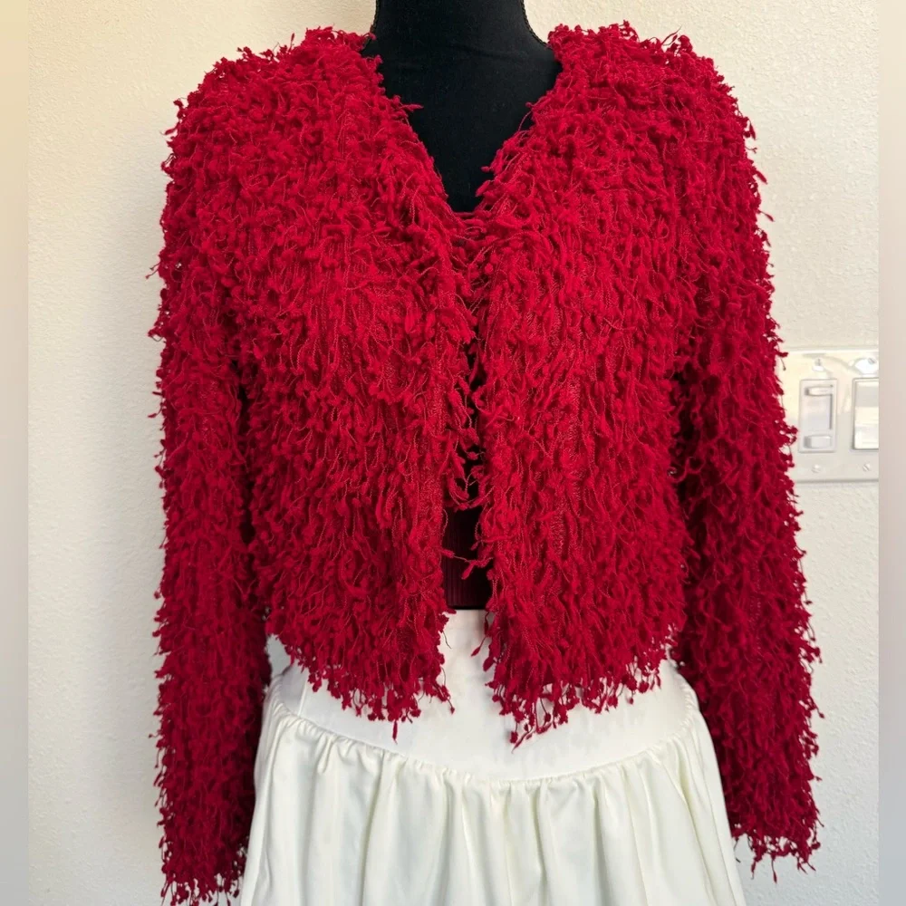 Windsor Red Shaggy Faux Fur Cropped Jacket Size S | Statement Party Y2K Glam - Picture 2 of 7